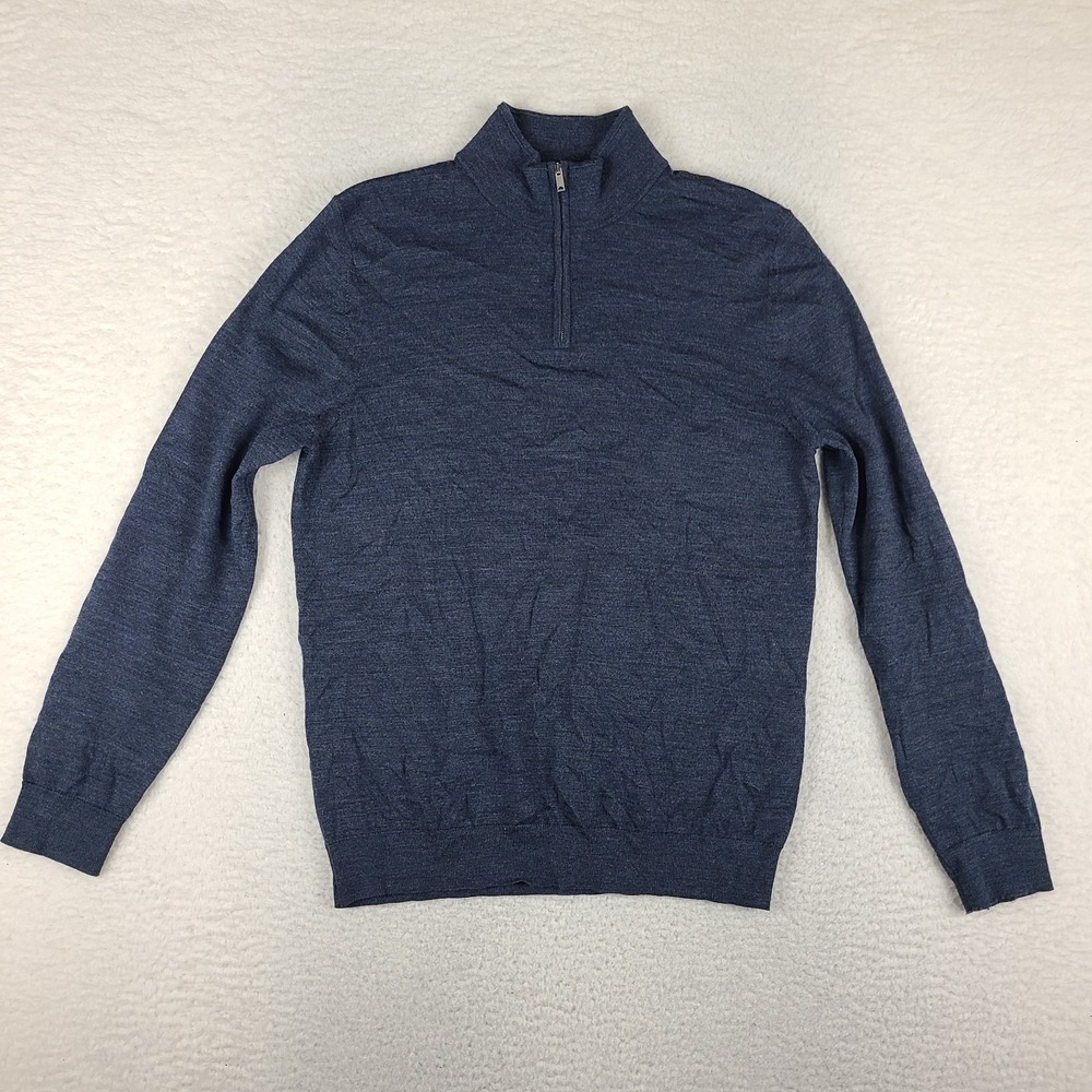 REISS Sweater Mens Large Navy Blue Merino Wool Quarter Zip Sweatshirt